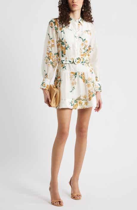 Lace Trim Belted Long Sleeve Mini Shirtdress