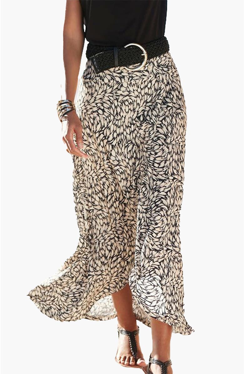 LASCANA Women's High Low Printed Skirt, Main, color, Black & Taupe