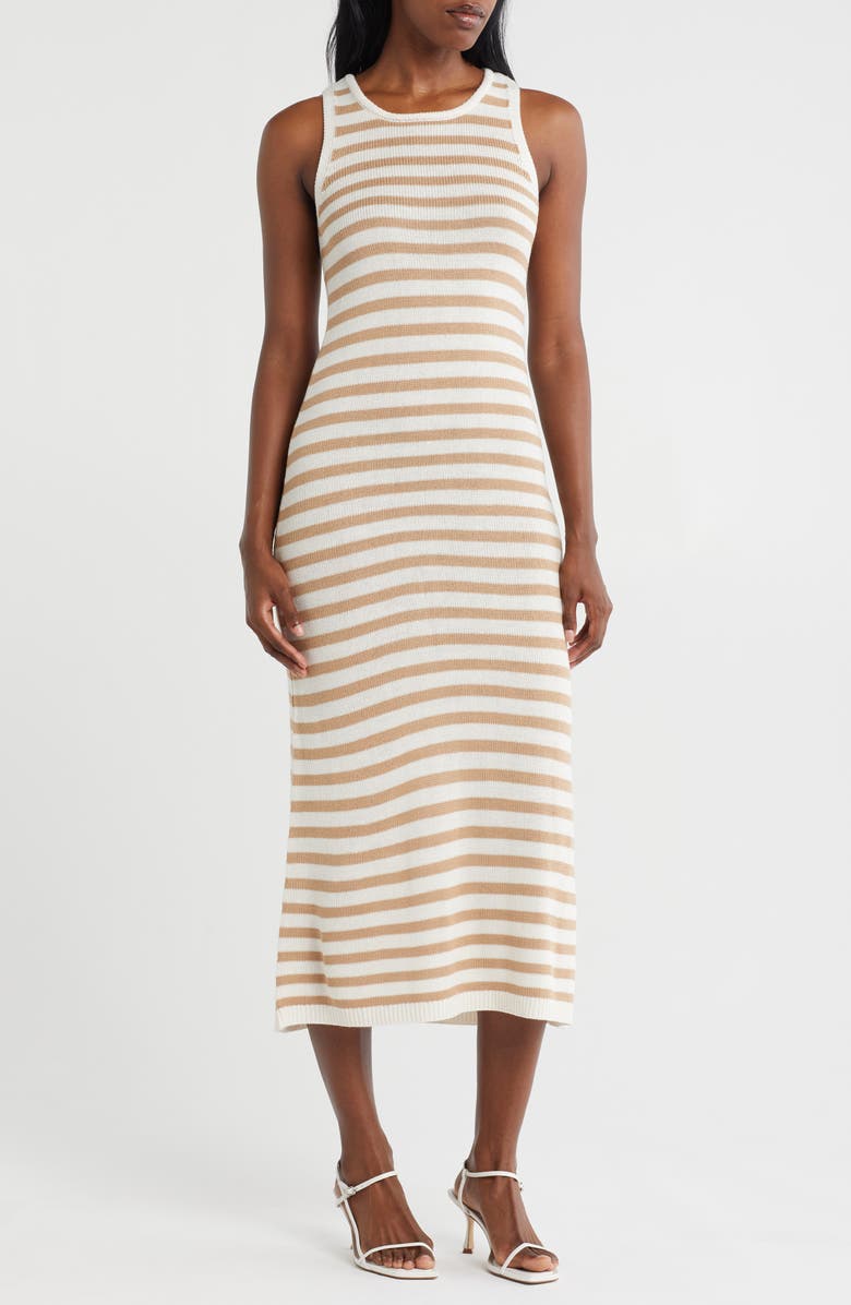 ZOE AND CLAIRE Stripe Sleeveless Knit Midi Dress, Main, color, Khaki