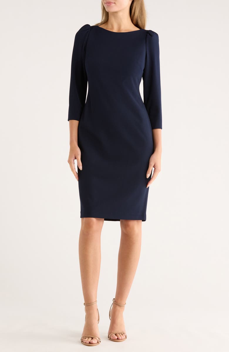 Calvin Klein Scuba Crepe Three-Quarter Sleeve Sheath Dress, Main, color, Indigo