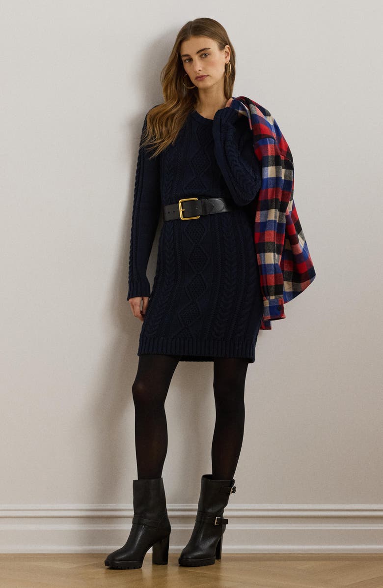 Lauren Ralph Lauren Cable Stitch Button Shoulder Long Sleeve Sweater Dress, Alternate, color, 