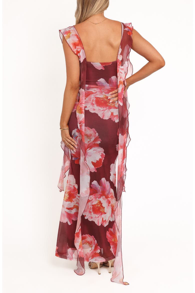 Chiara Floral Flutter Ruffle Maxi Dress, Alternate, color, BURGUNDY PEONY