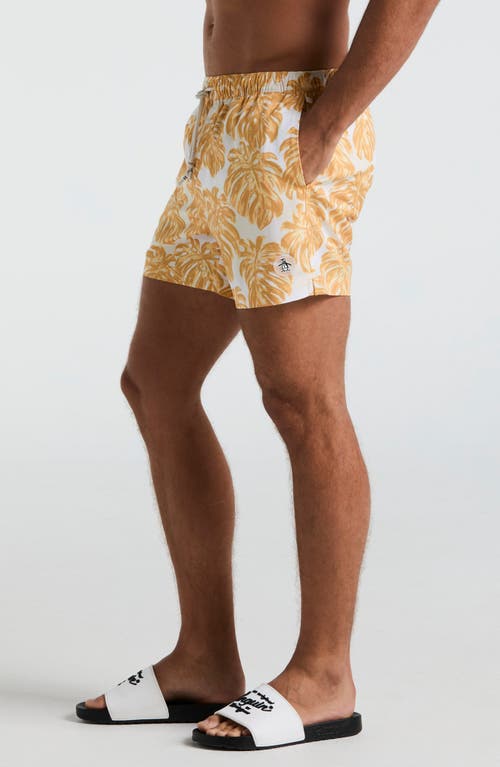 Original Penguin 5 All Over Print Monstera Swim Trunk In Jurassic Gold