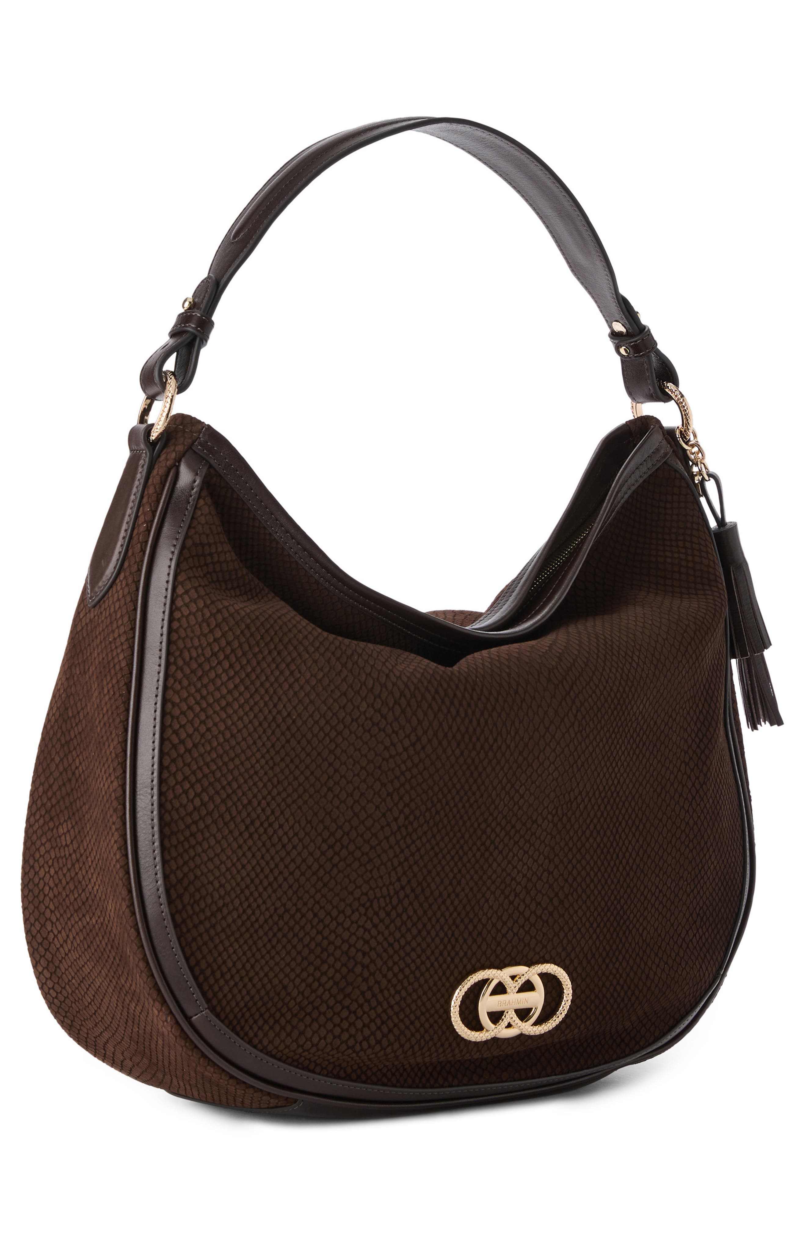 Brahmin Kathleen Snakeskin Embossed Leather Shoulder Bag, Alternate, color, Chocolate Deveron
