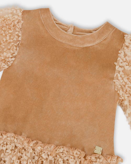 Deux Par Deux Puff Sleeve Bi-material Velour And Lace Dress In Brown