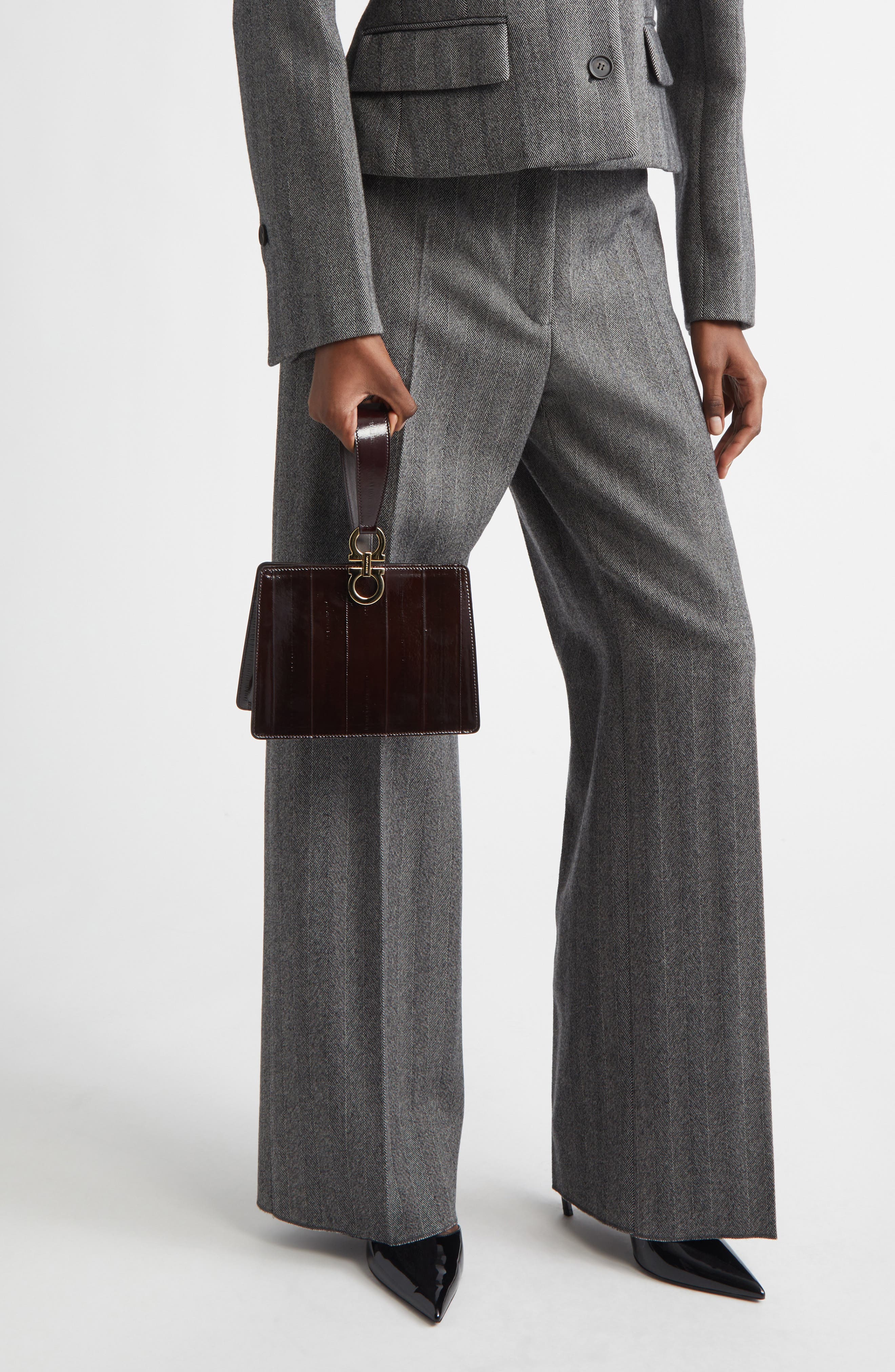 FERRAGAMO Double Gancio Eelskin Clutch, Alternate, color, Brown Testa Di Moro