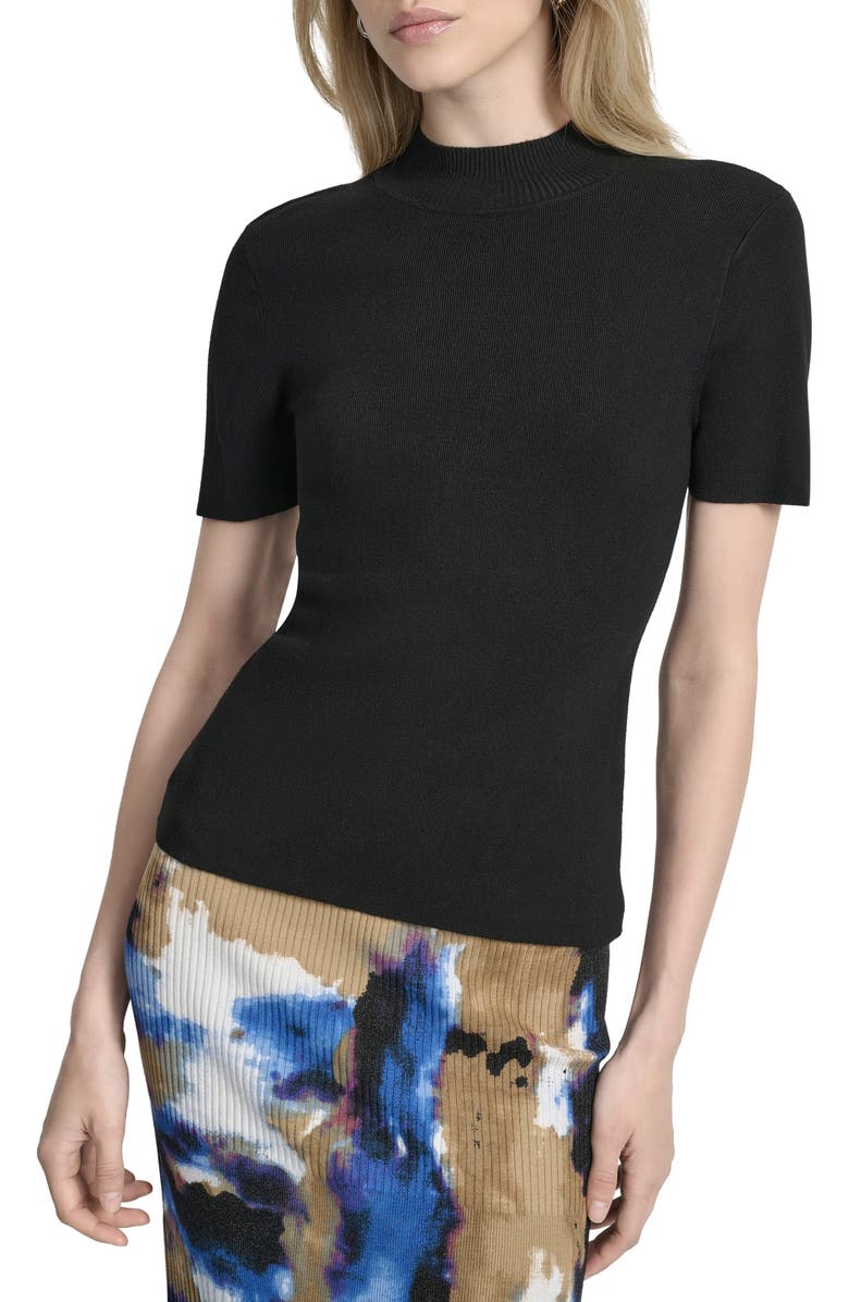 DKNY Cap Sleeve Mock Neck Sweater, Main, color, Black