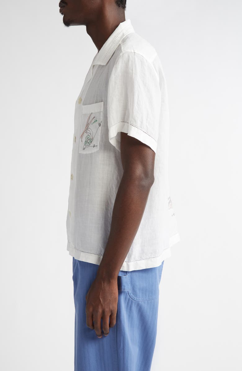 Bode Skiers Embroidered Linen Camp Shirt, Alternate, color, White Multi