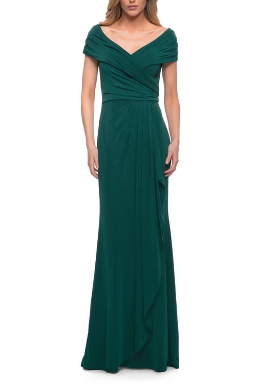 La Femme Ruched Jersey Long Gown With V-neckline In Emerald