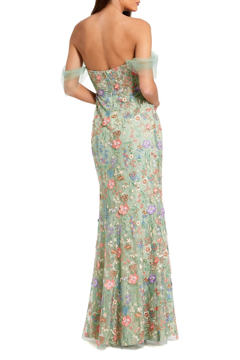 Off The Shoulder Bustier Emboridered Net Gown, Alternate, color, Sage Multi