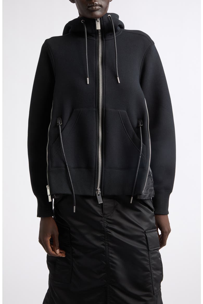 Mixed Media Scuba Knit & Nylon Twill Hoodie, Main, color, BLACK/ BLACK