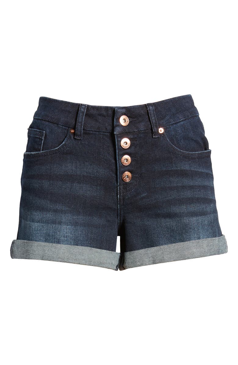 Prosperity Denim Exposed Button Fly High Waist Cuffed Denim Shorts, Alternate, color, 