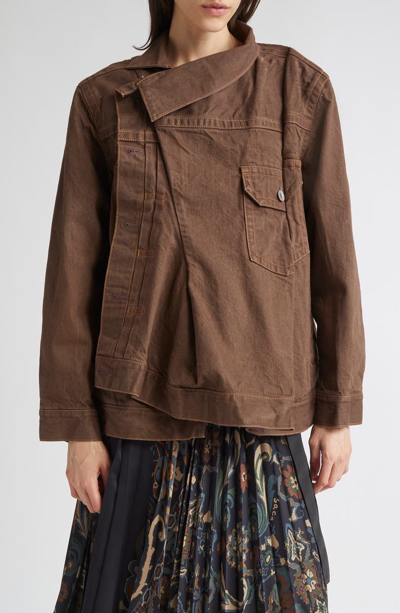 Sacai Asymmetric Denim Jacket, Main, color, Brown