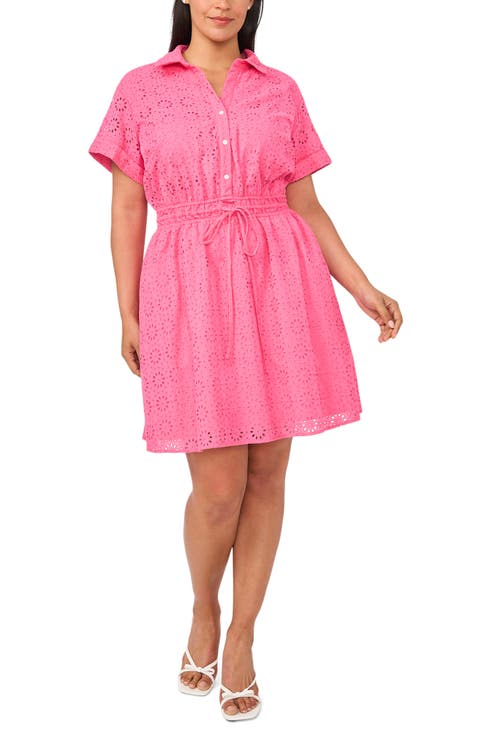 Short Sleeve Cotton Eyelet Shirtdress (Plus)