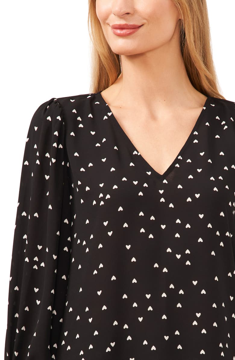 CeCe Heart Print Smocked Cuff V-Neck Top, Alternate, color, 