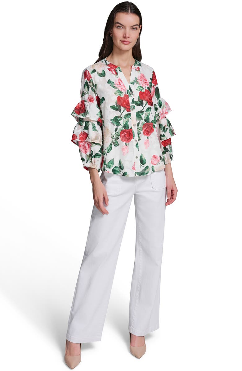 KARL LAGERFELD PARIS Rose Print Ruffle Top, Alternate, color, 