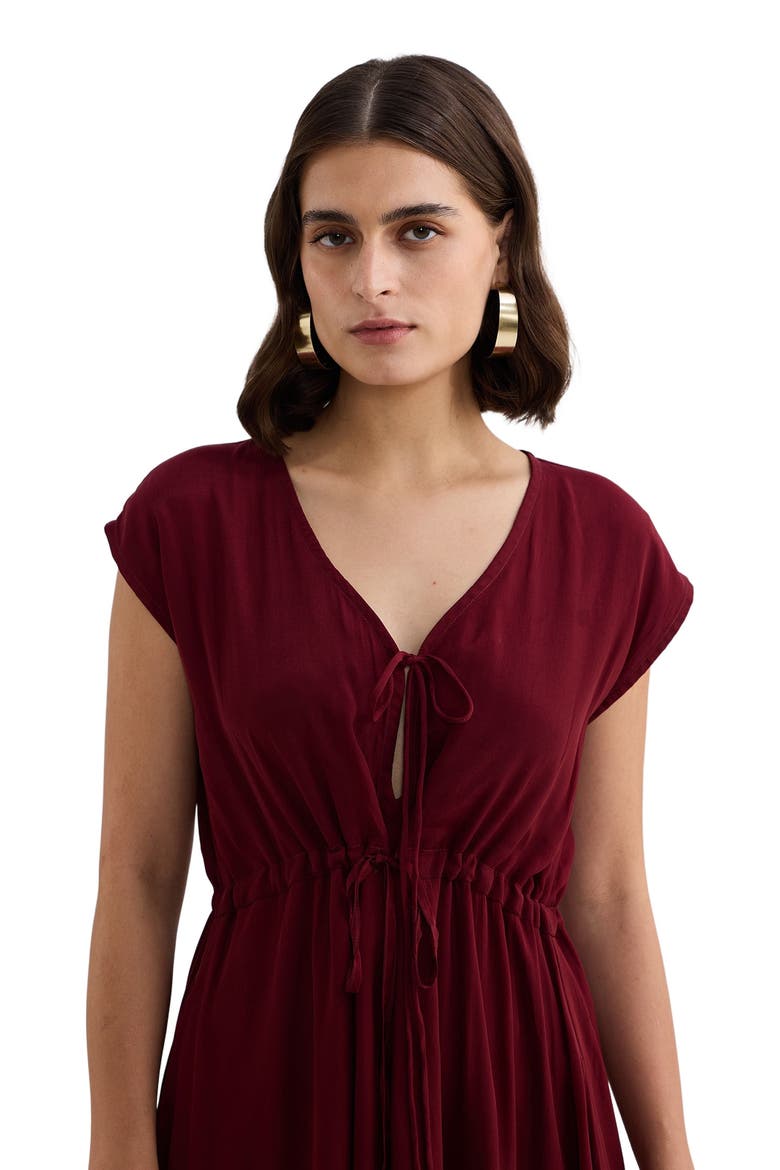 Deep V-neck Gathered Dress in Burgundy, Alternate, color, Burgundy