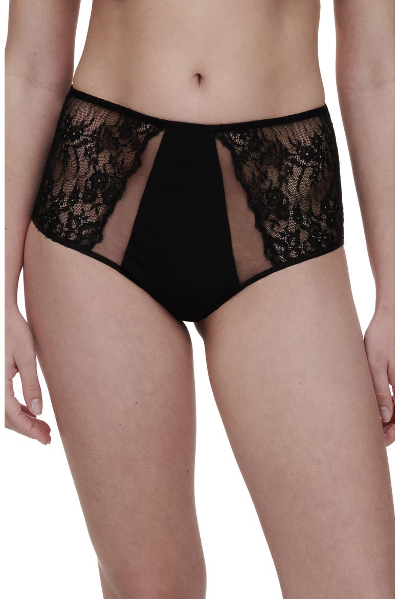 High Waist Lace Inset Briefs, Main, color, BLACK
