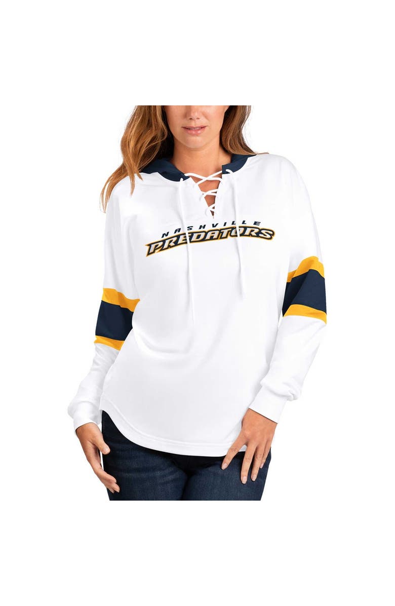 G-III 4HER BY CARL BANKS Women's G-III 4Her by Carl Banks White/Navy Nashville Predators Goal Zone Long Sleeve Lace-Up Hoodie T-Shirt, Alternate, color, White