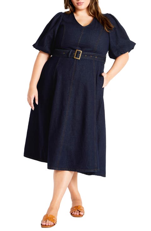 Sable Delilah Puff Sleeve Belted Denim Midi Dress (Plus)