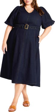 City Chic Sable Delilah Puff Sleeve Belted Denim Midi Dress