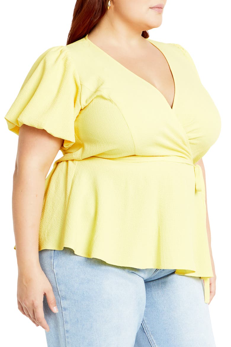 Christa Puff Sleeve Faux Wrap Top, Alternate, color, BUTTERCUP