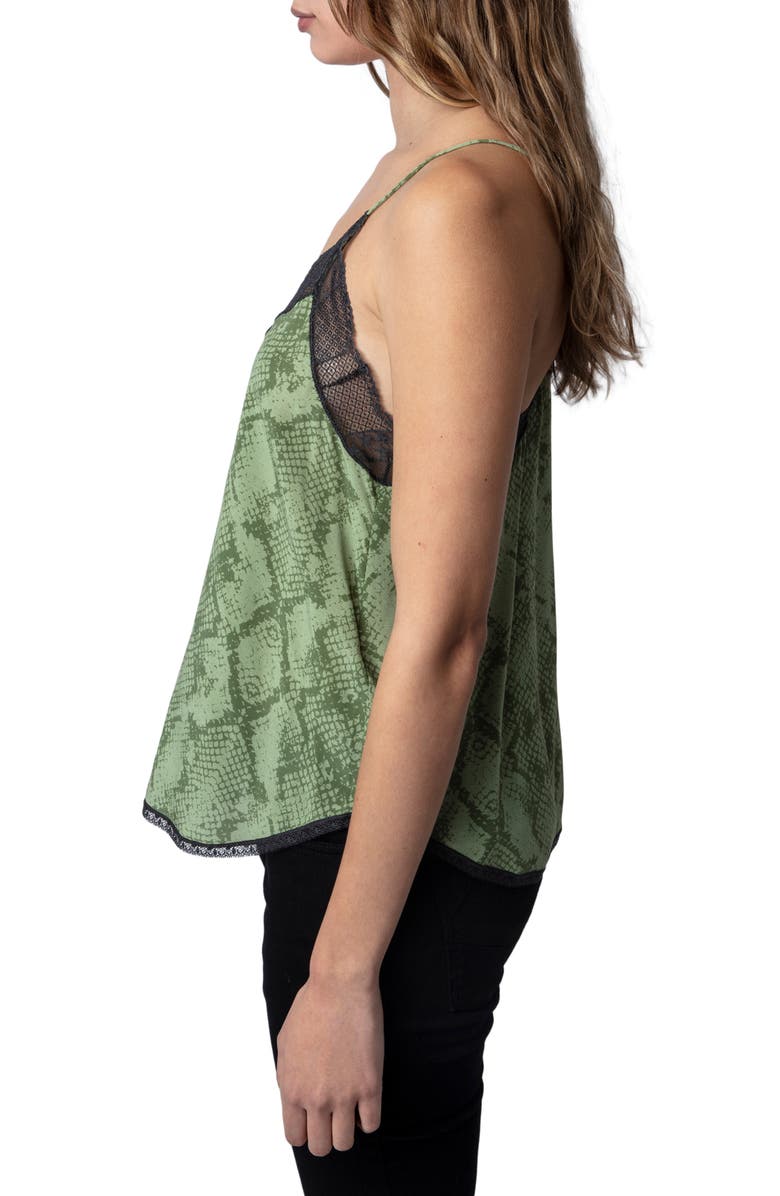 Zadig & Voltaire Christy Python Print Lace Edge Camisole, Alternate, color, Kaki