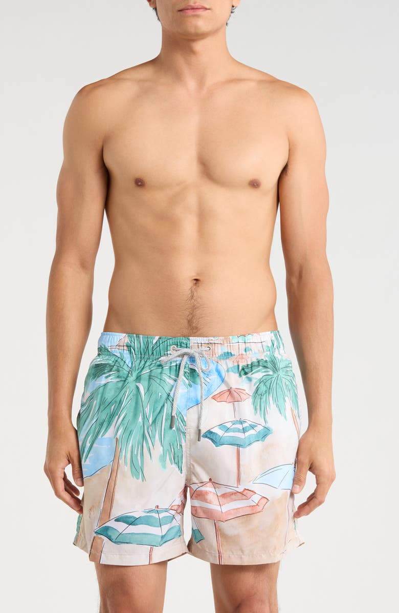 Vintage Summer Ponji Printed Volley Swim Shorts, Main, color, Tan