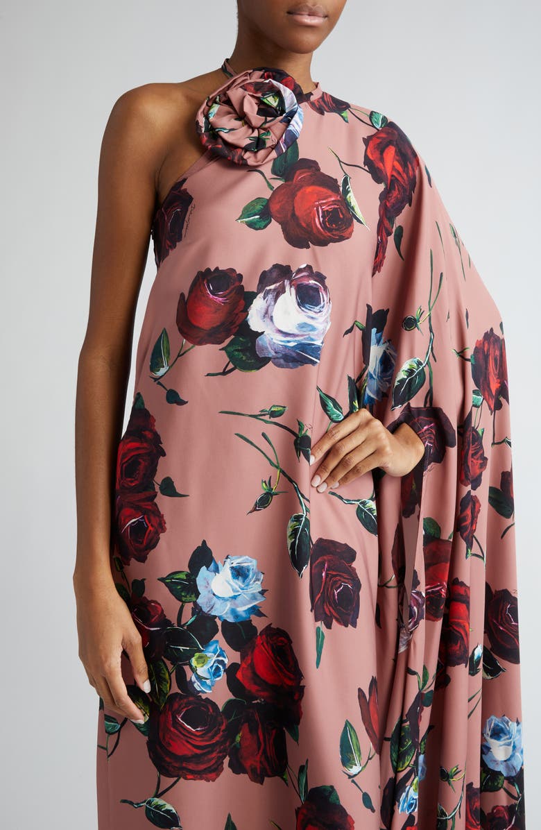 Dolce&Gabbana Rosette Floral Print Asymmetric One-Shoulder Charmeuse Dress, Alternate, color, 