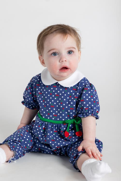 Florence Eiseman Girl's Polka Dot Cherry Printed Knit Longall In Blue