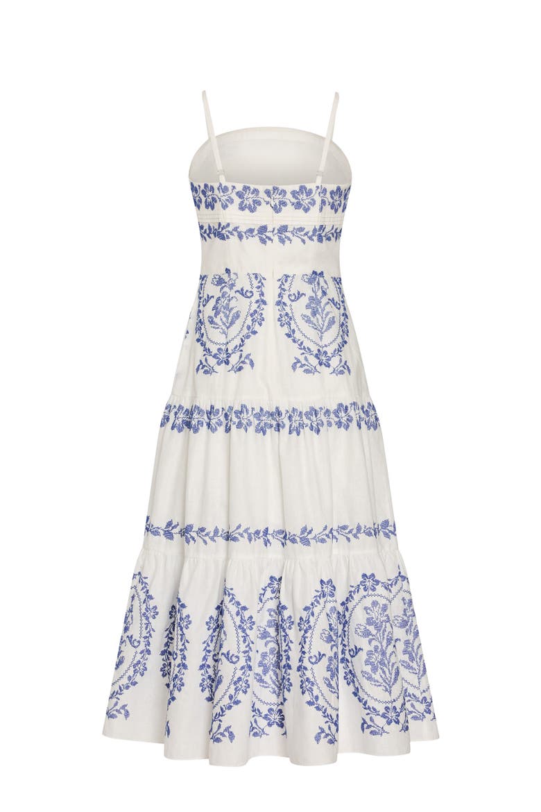 Lela Placed Embroidery Linen & Cotton Midi Dress, Alternate, color, WHITE/ BLUE