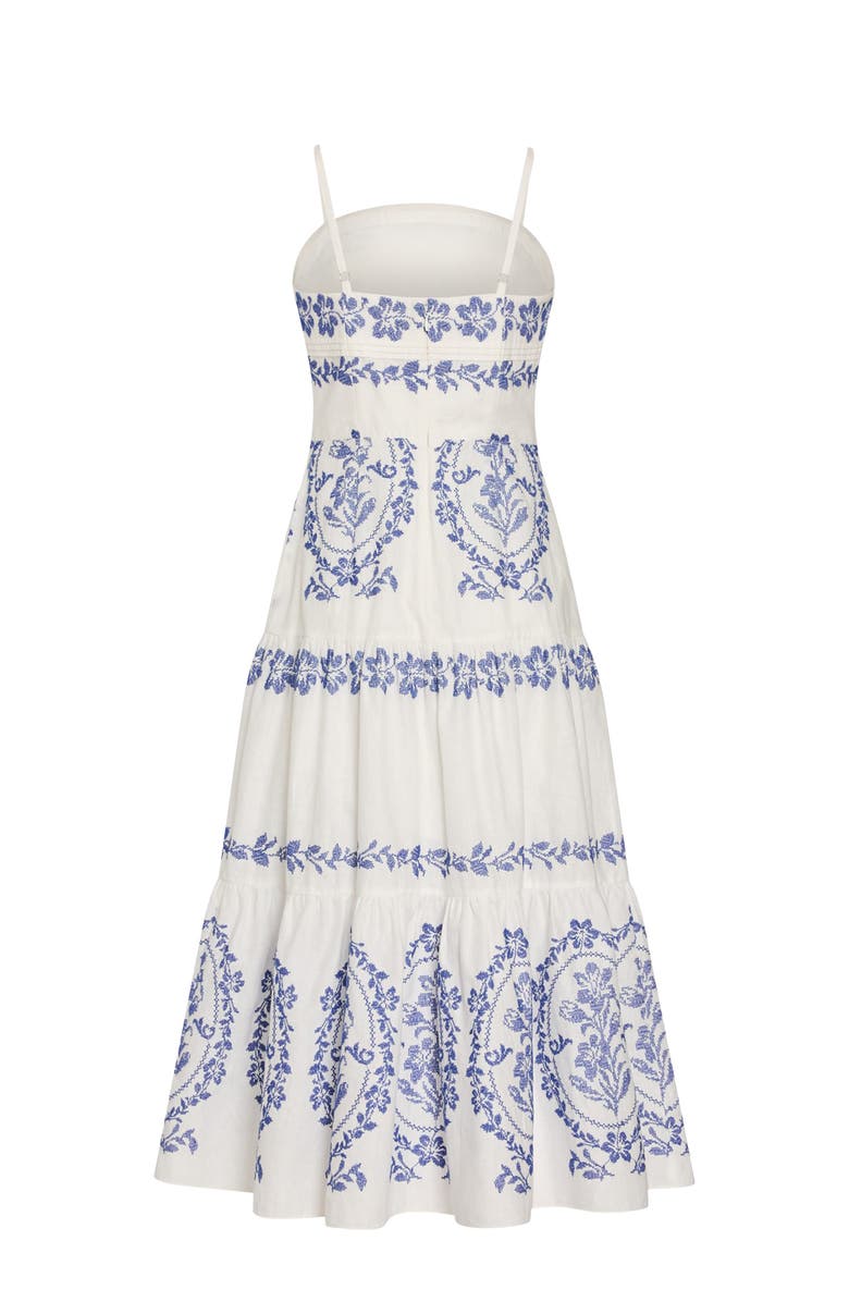 Milly Lela Placed Embroidery Linen & Cotton Midi Dress, Alternate, color, White/ Blue
