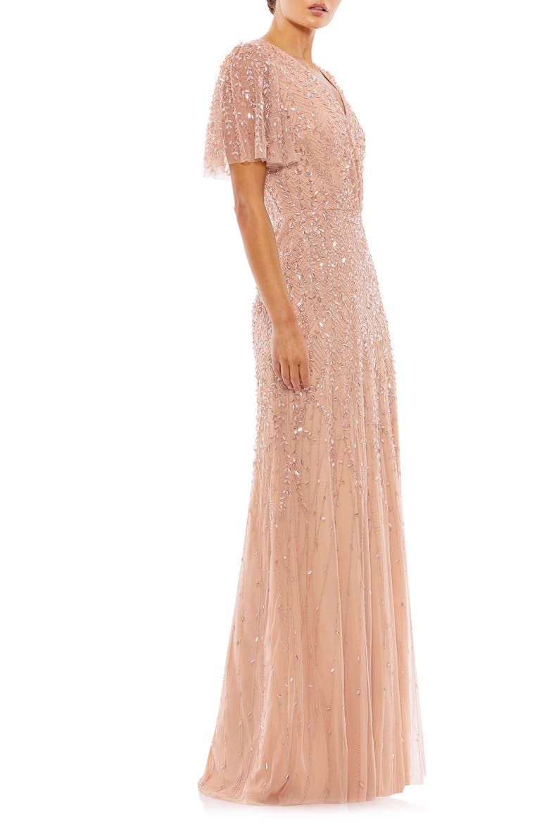 Women’s Embellished Flutter Sleeve Evening Gown, Alternate, color, NUDE