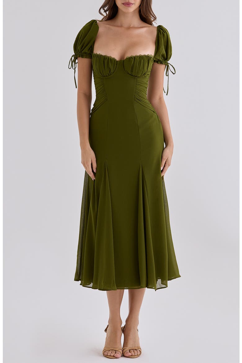 Marceline Chiffon Puff Sleeve Midi Dress, Main, color, OLIVE