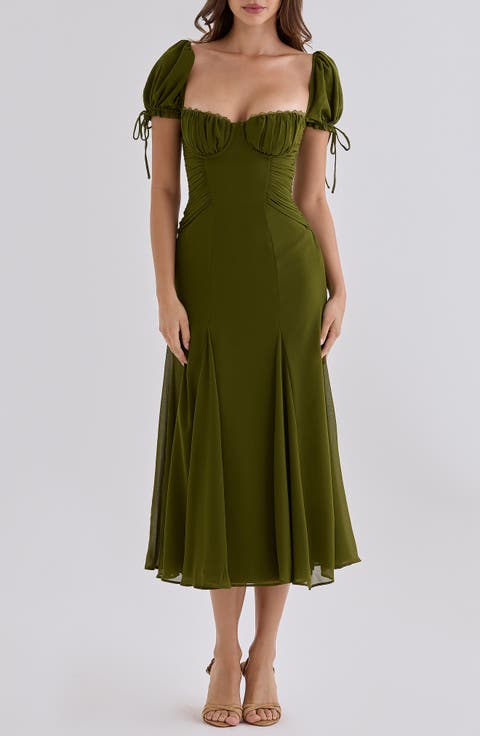 Marceline Chiffon Puff Sleeve Midi Dress