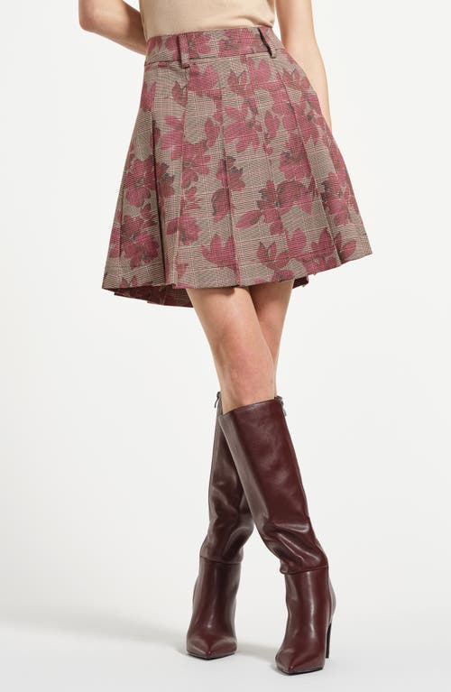 Isaac Mizrahi New York Pleated Floral Plaid Miniskirt In Burgundy