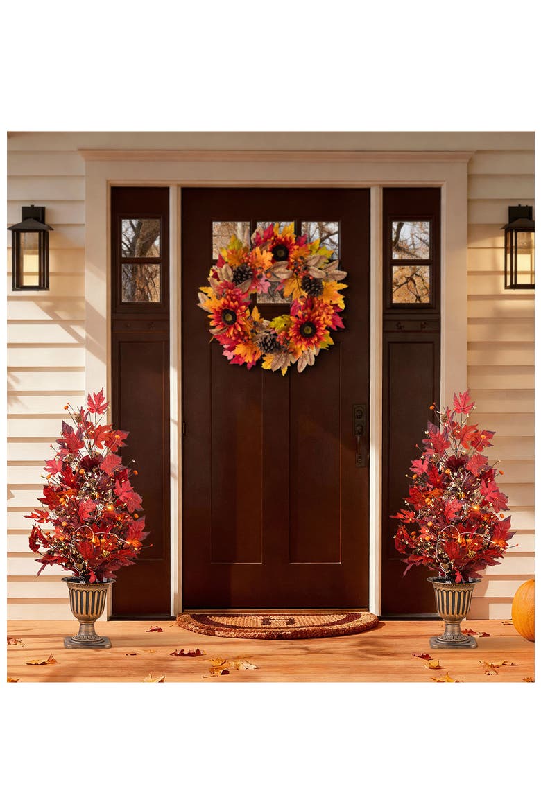 Fall Lighted Maple Leaves Urn Potted Porch Tree With Timer, Alternate, color, Burgundy