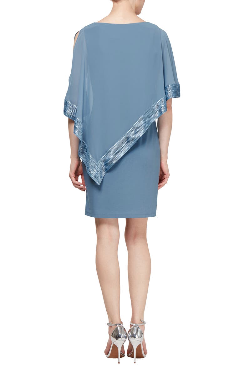 SL FASHIONS Foil Trim Asymmetrical Popover Capelet Sheath Dress, Alternate, color, Coronet/Silver