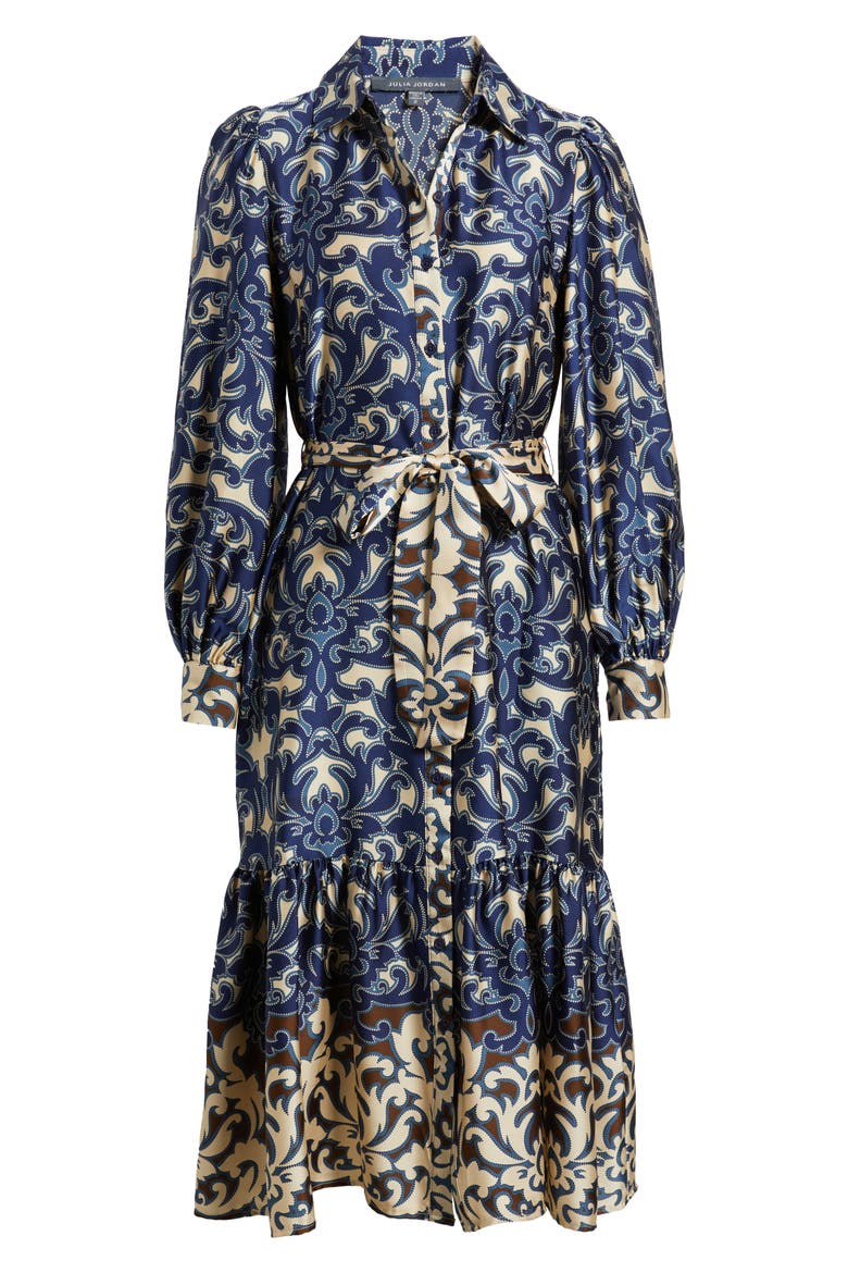 Print Tie Waist Midi Shirtdress, Alternate, color, NAVY MULTI