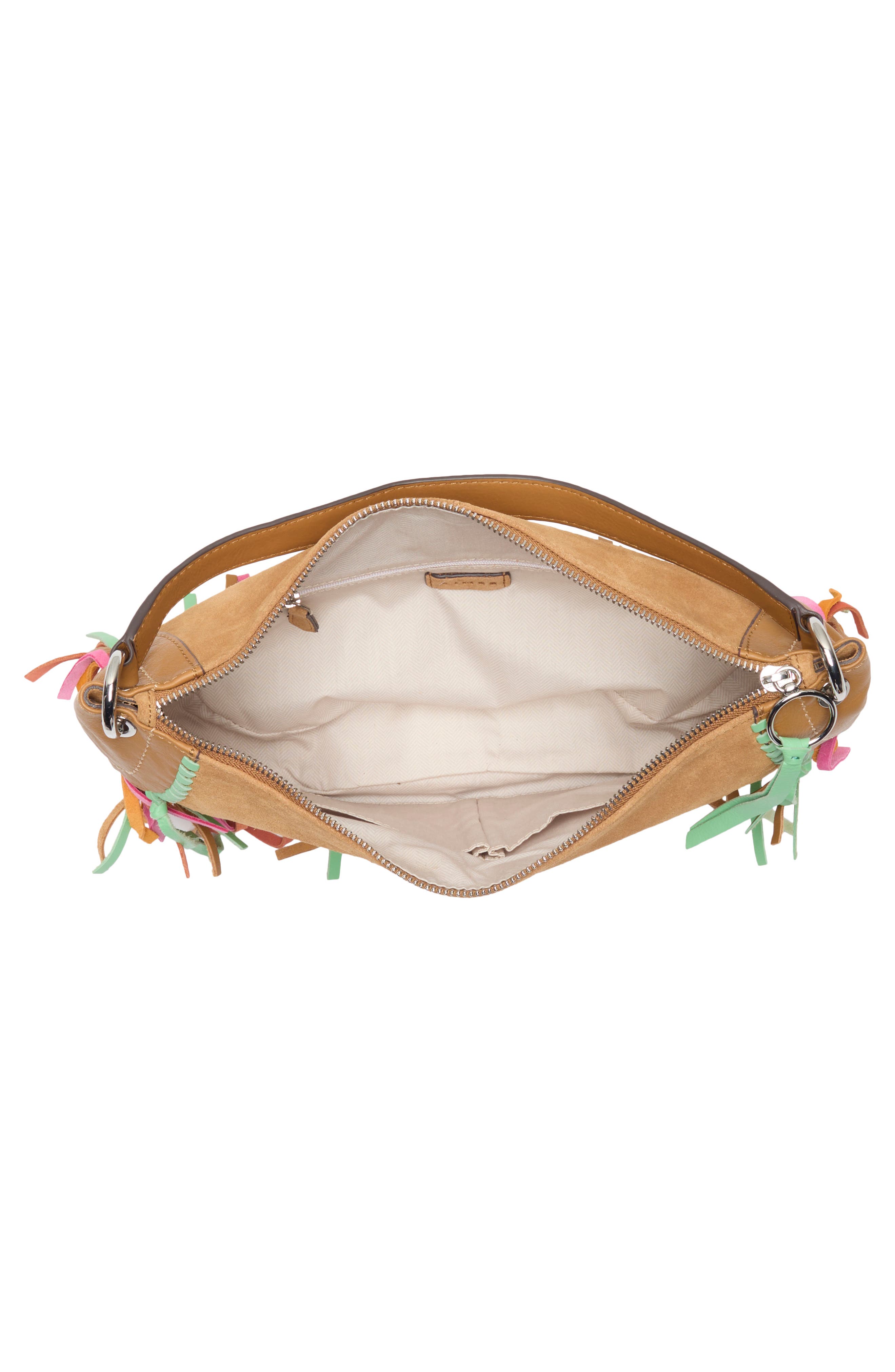 Dante Fringe Leather Shoulder Bag, Alternate, color, LATTE SUEDE MULTI