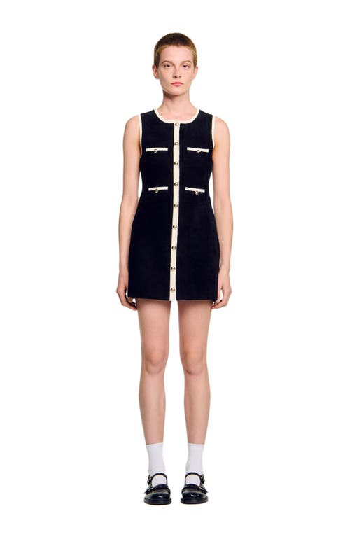 Sandro Womens Black Round-neck Button-down Stretch-velvet Mini Dress In Black