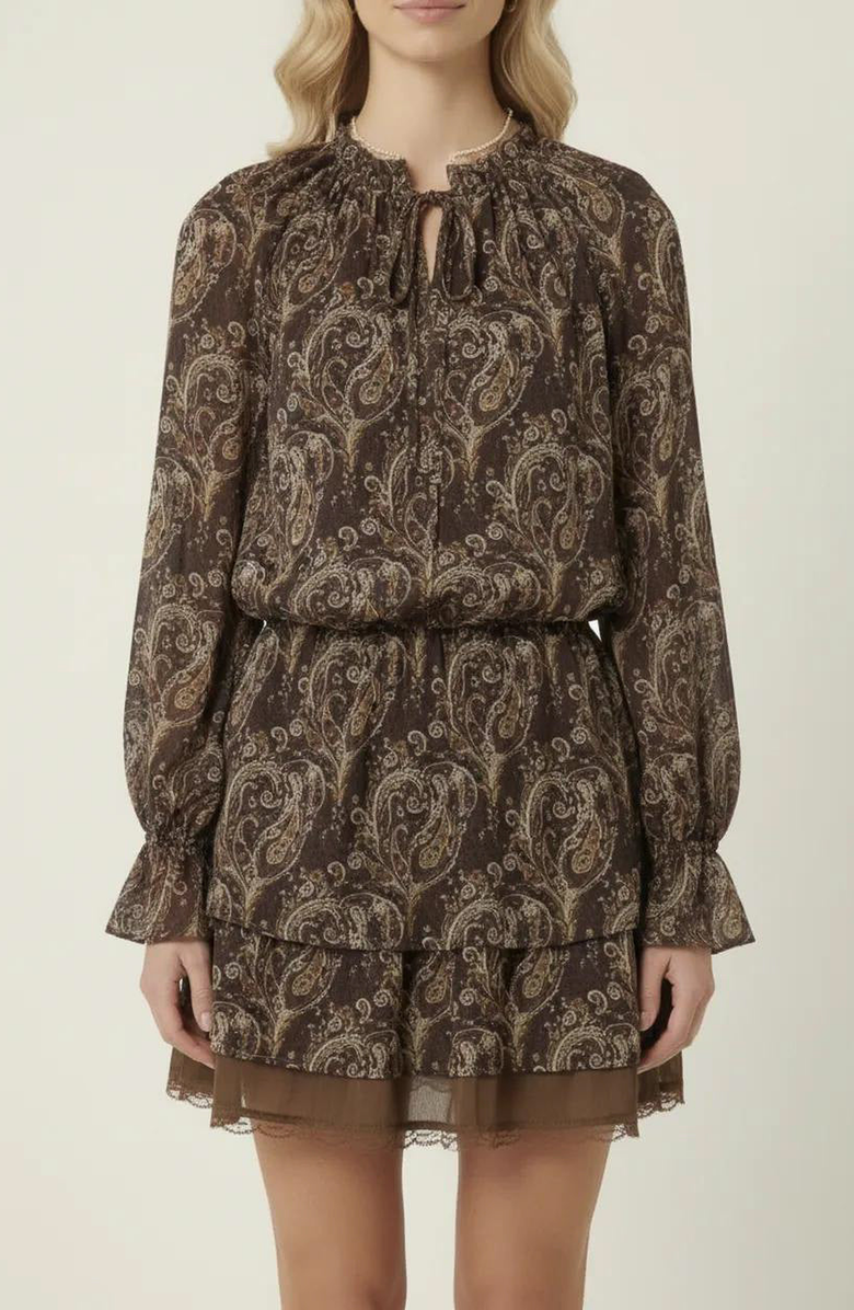 Modenaire Paisley Print Mini Dress with Tiered Skirt and Long Sleeves, Alternate, color, Dark Brown Paisley