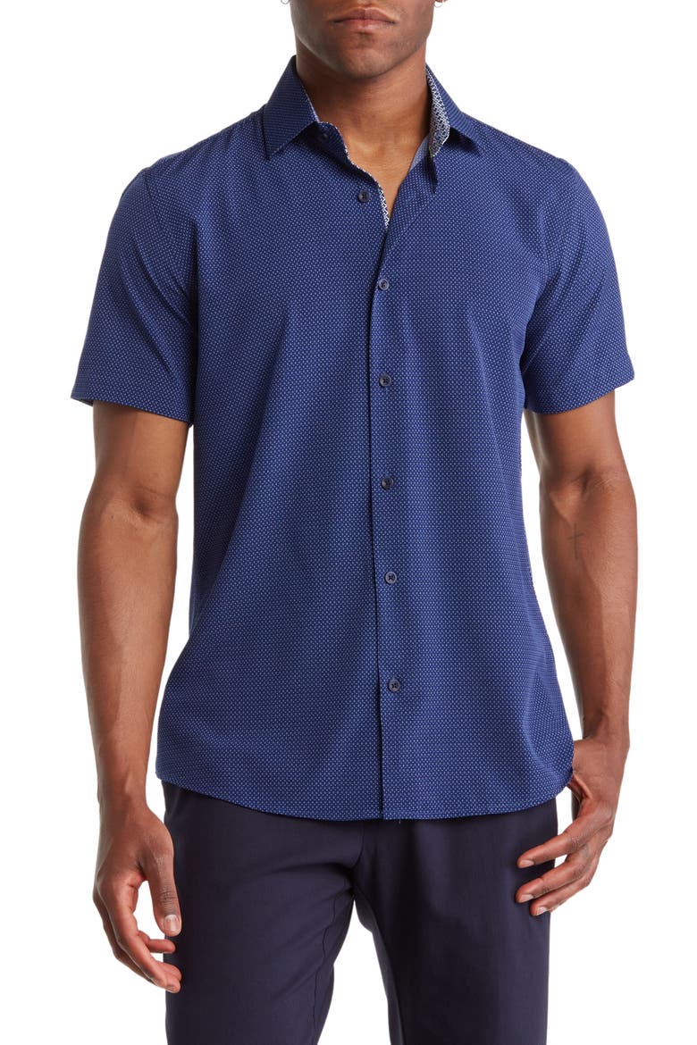 Slim Fit Short Sleeve Performance Stretch Button-Up Shirt, Main, color, NAVY BLUE