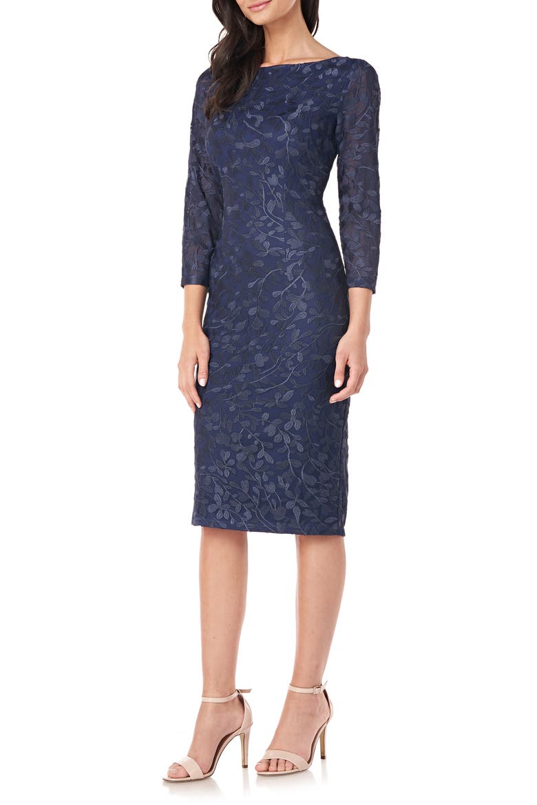 Leaf Embroidered Sheath Cocktail Dress, Alternate, color, NAVY