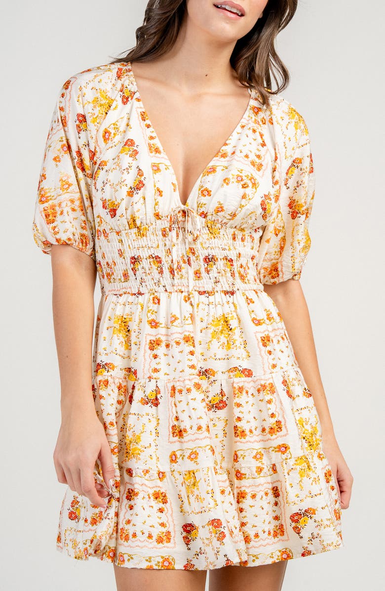 Beivy Floral Smocked Waist Minidress, Main, color, Cream