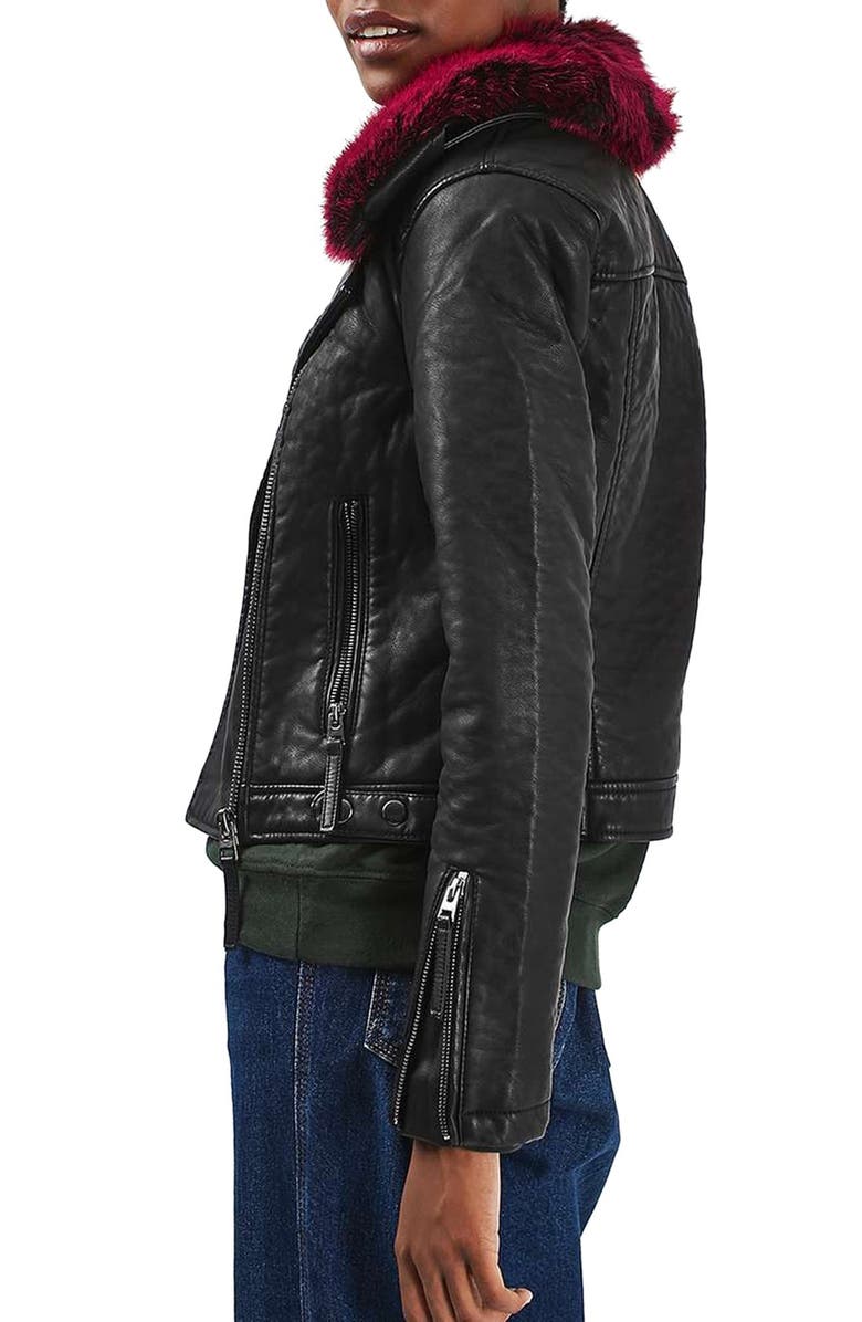 Topshop 'Honey' Faux Fur Collar Faux Leather Moto Jacket, Alternate, color,