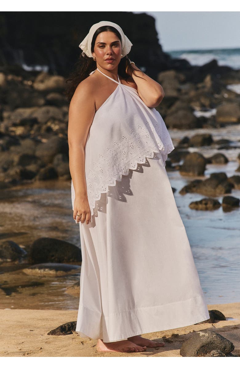ELOQUII Embroidered Eyelet Halter Maxi Dress, Main, color, Pristine White