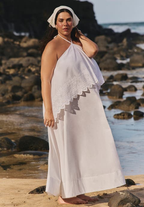 Embroidered Eyelet Halter Maxi Dress (Plus)