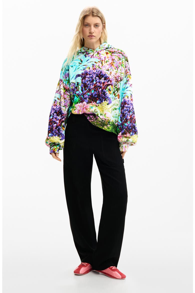 Printed Oversize Cotton Hoodie, Alternate, color, AQUA/ GREEN/ BLACK MULTI