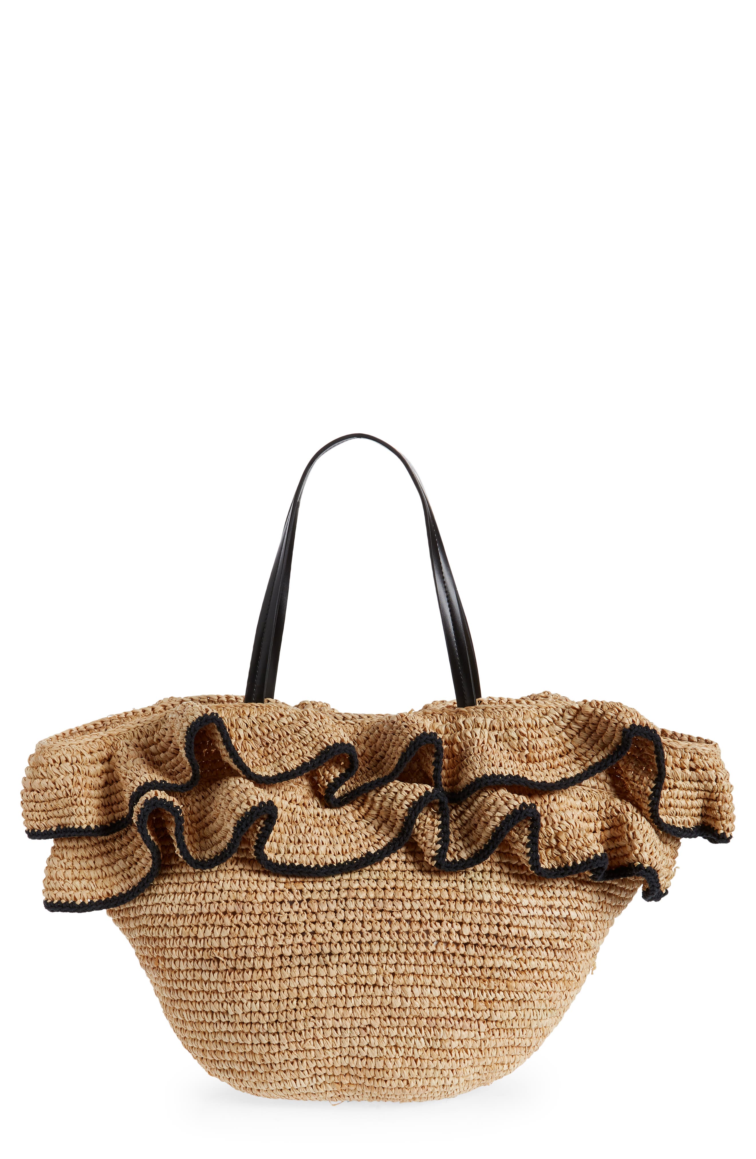 BTB Los Angeles Joey Ruffle Raffia Tote, Main, color, 